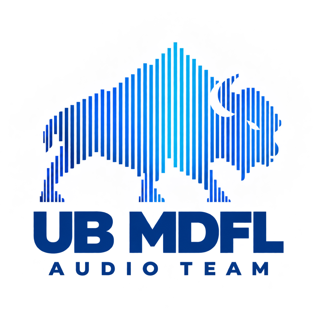 UB MDFL Audio Team logo: a blue and cyan buffalo formed from frequency bars